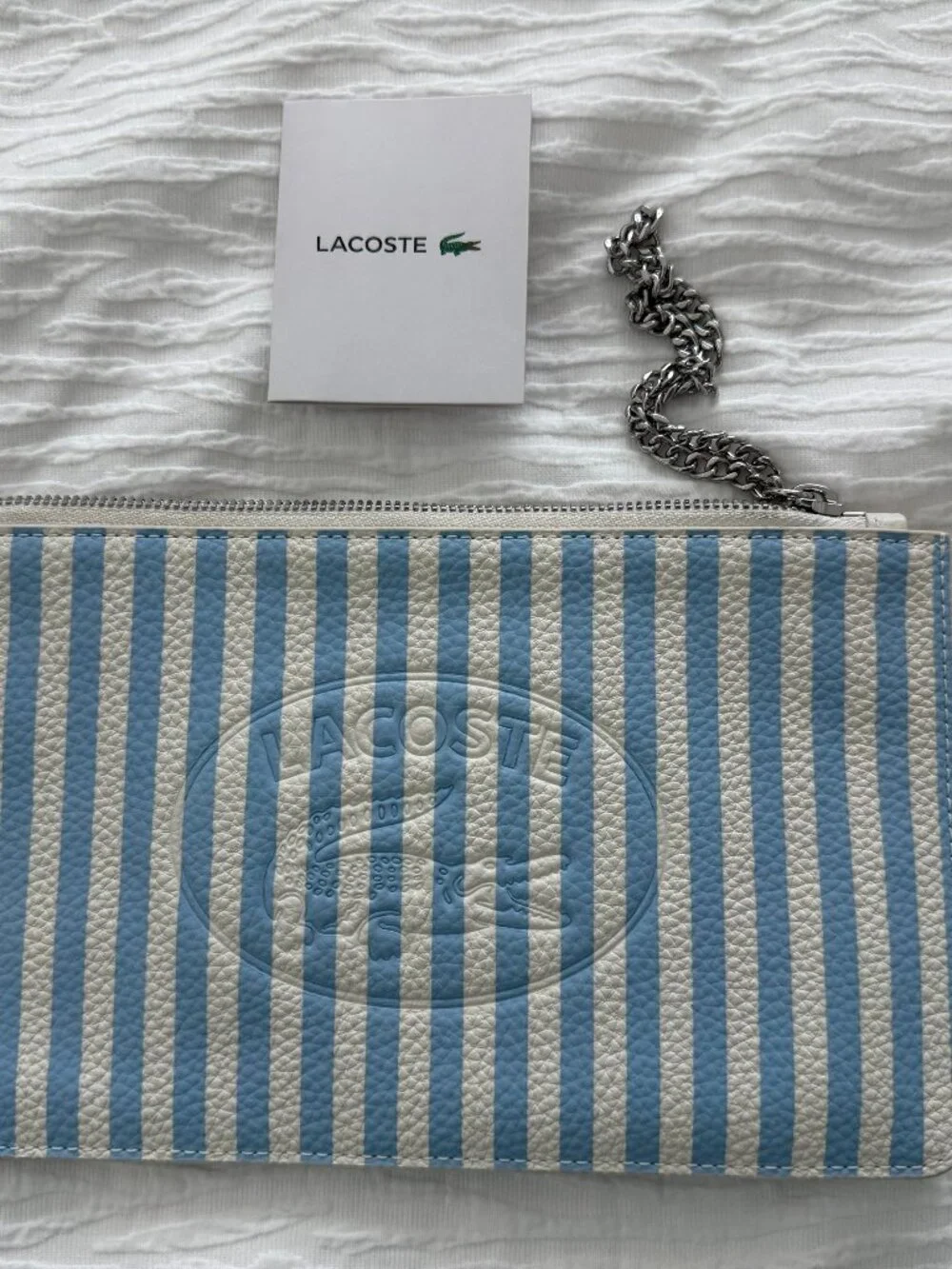 💙 Lacoste Blue & White Striped Leather Clutch / Wristlet / Pouch NWT